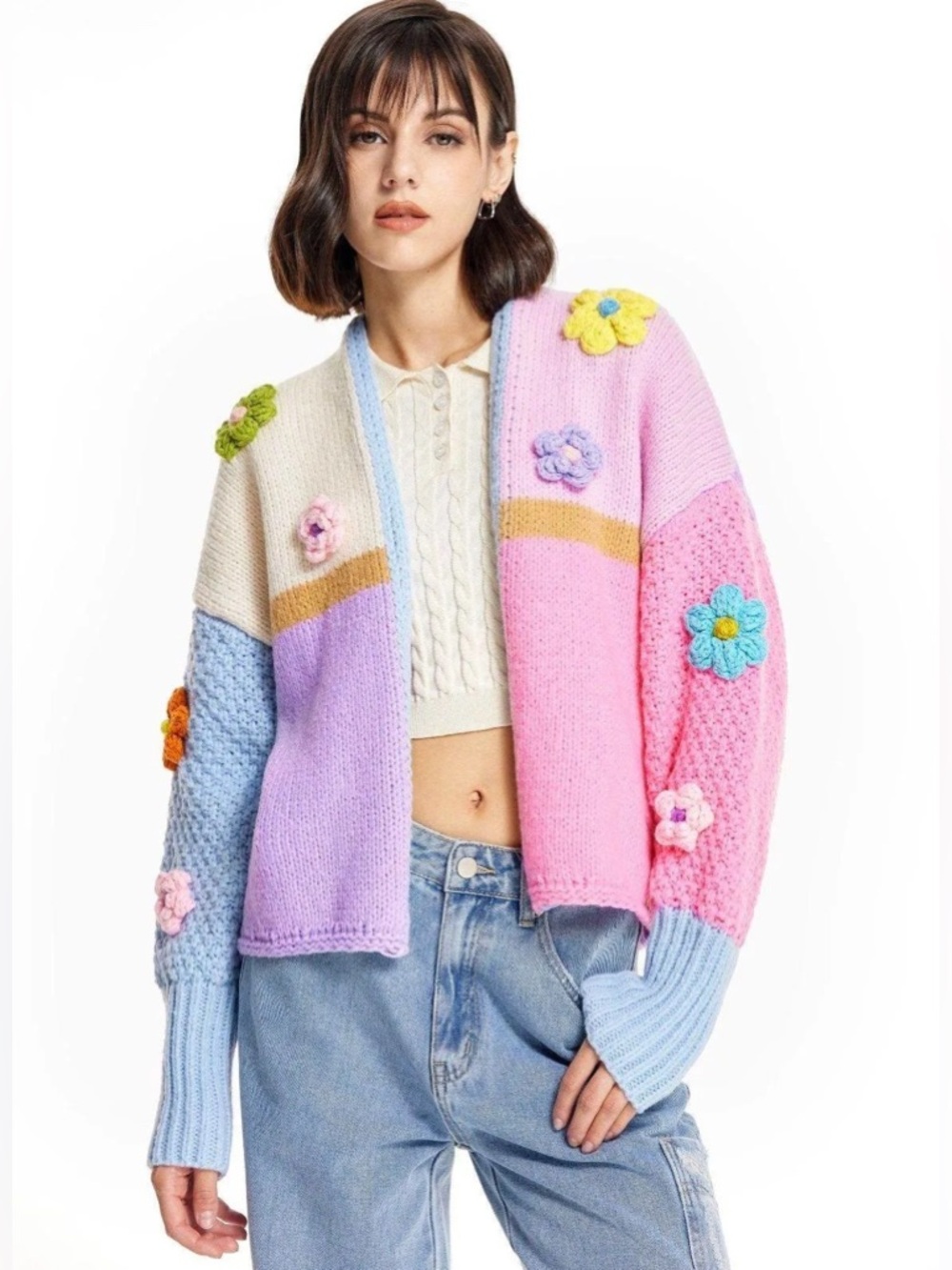 Cider Pastel Patchwork Floral Crochet-Accent Open Cardigan Sweater